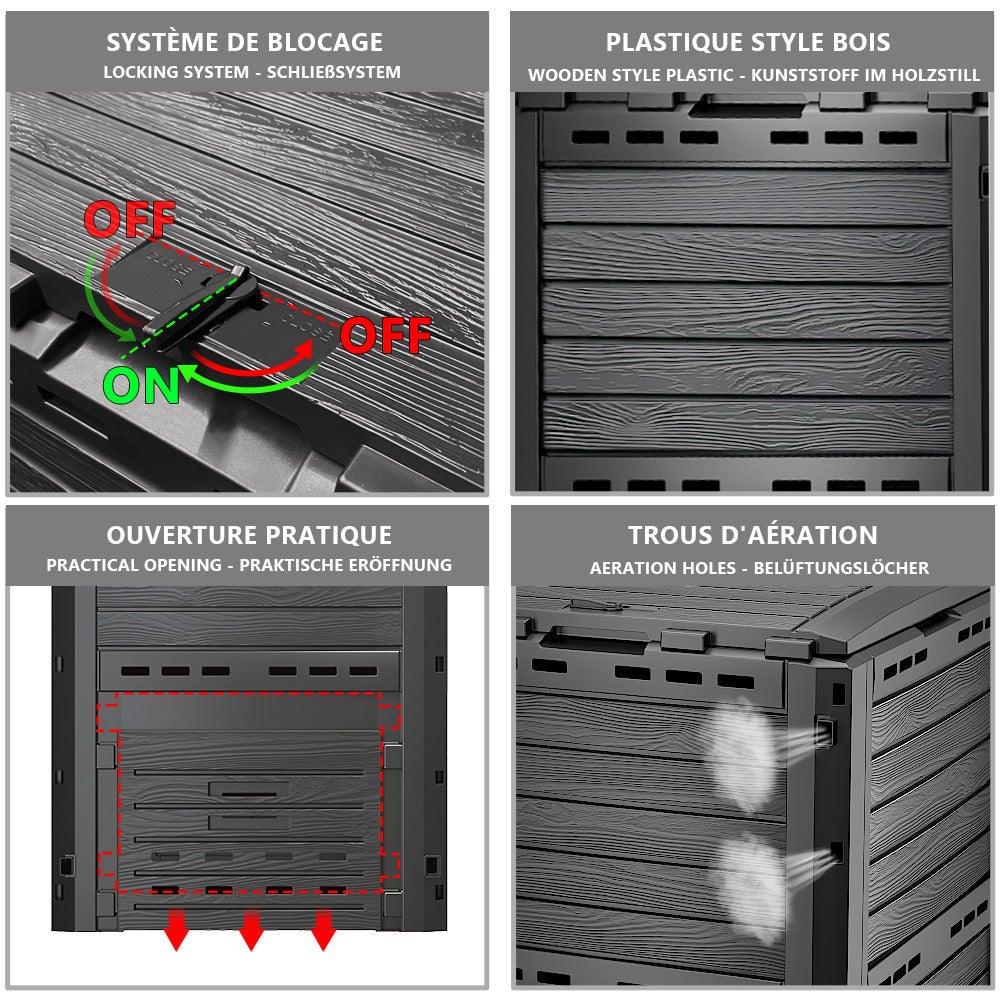 Compostiera da Giardino, Composter da Esterno, Design Simile al Legno Nero, 300L - 5