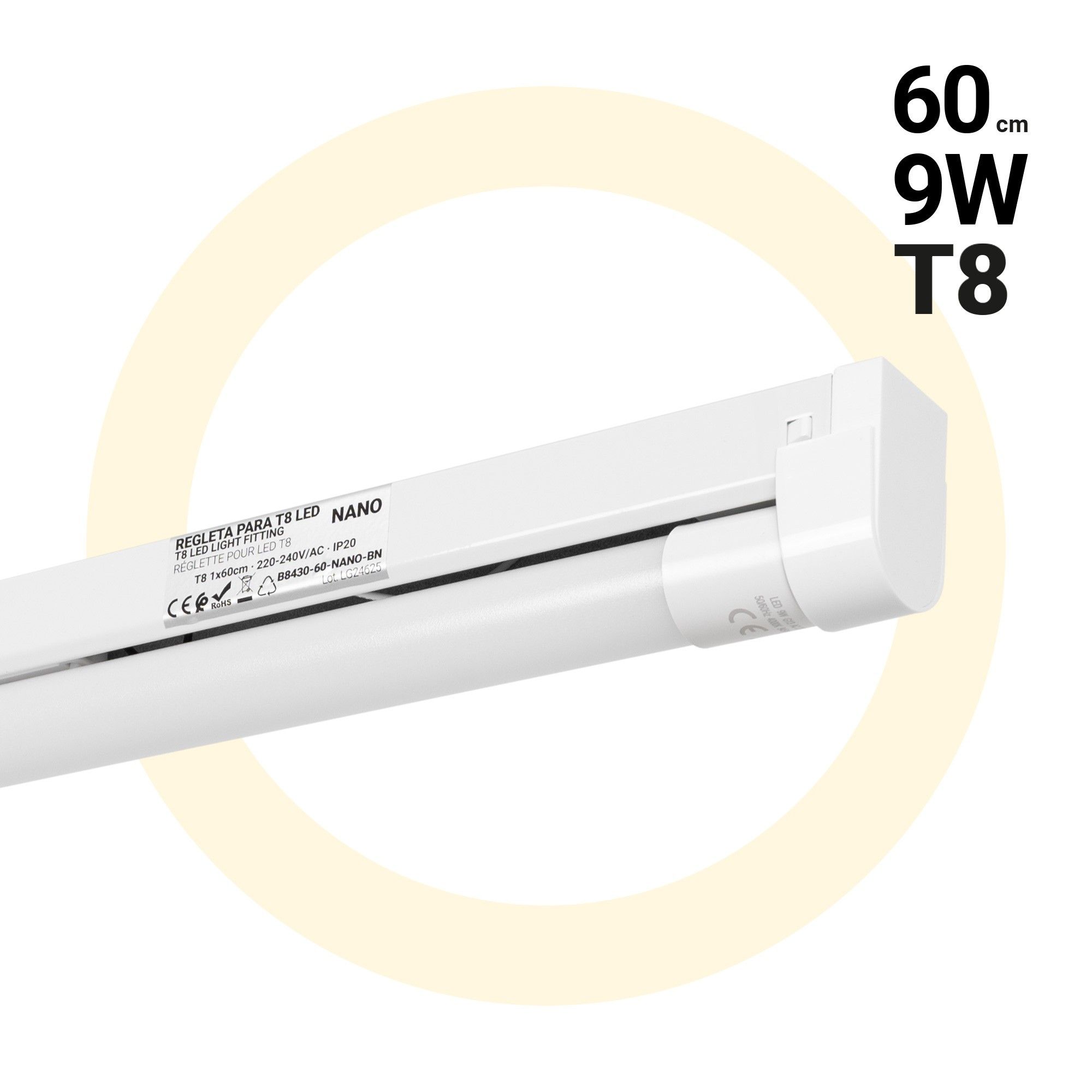 Kit reglette + tubo LED T8 - 9W - 60cm - Bianco Neutro - 3