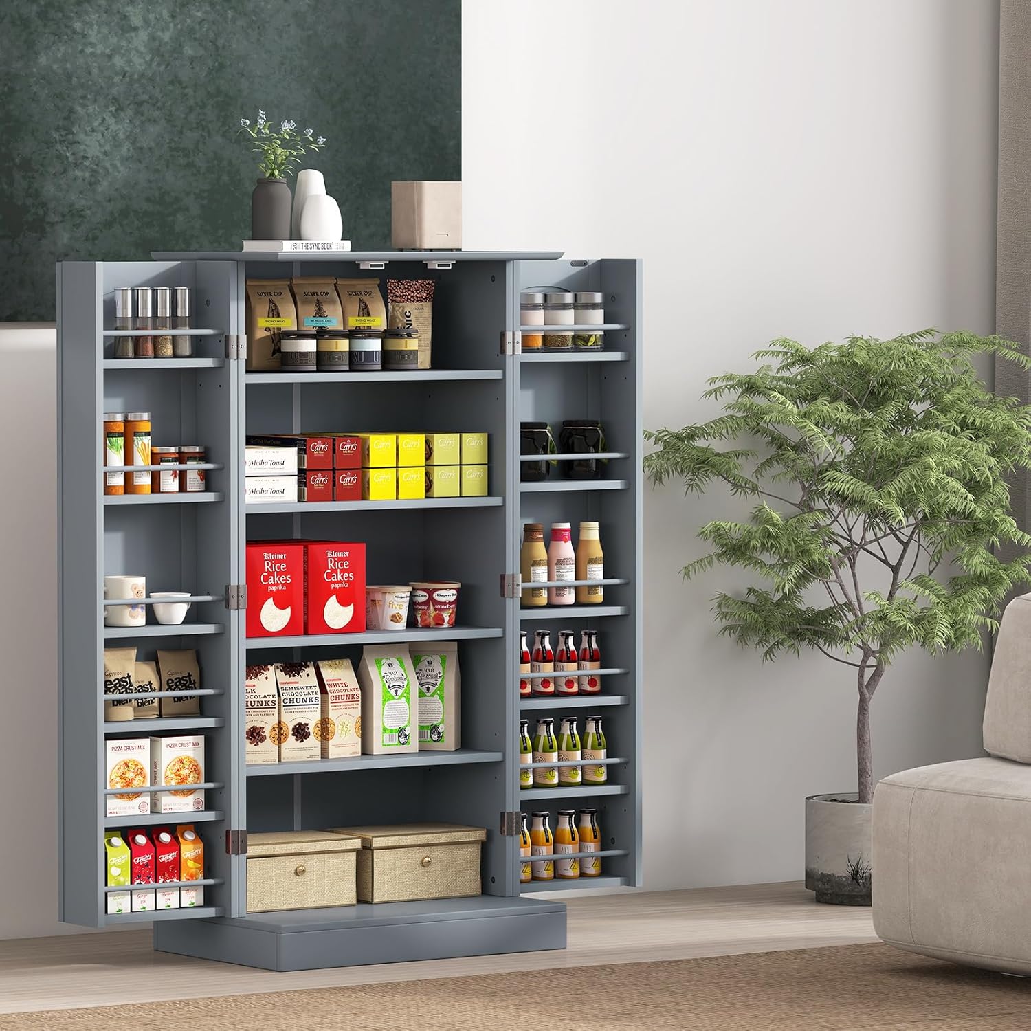 Szafka kuchenna z 2 drzwiami i 16 półkami, mebel kuchenny z zabezpieczeniem przed przewróceniem, 60 x 40 x 120 cm, szary - 2