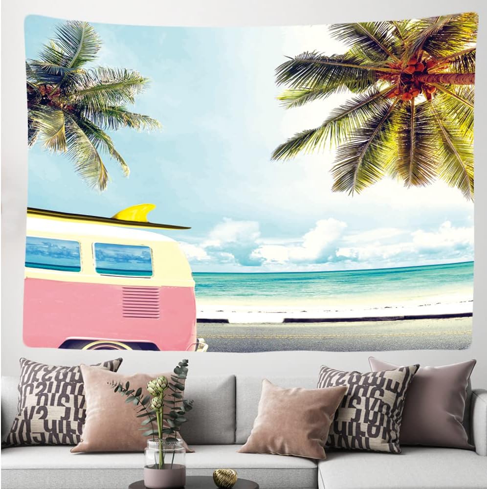 Dekoracyjna tapeta ścienna do sypialni, 200 x 150 cm, wzór autobusu, palmy, słońca, morza, vana, życia, tapeta materiałowa, dekoracja panoramiczna. - 2