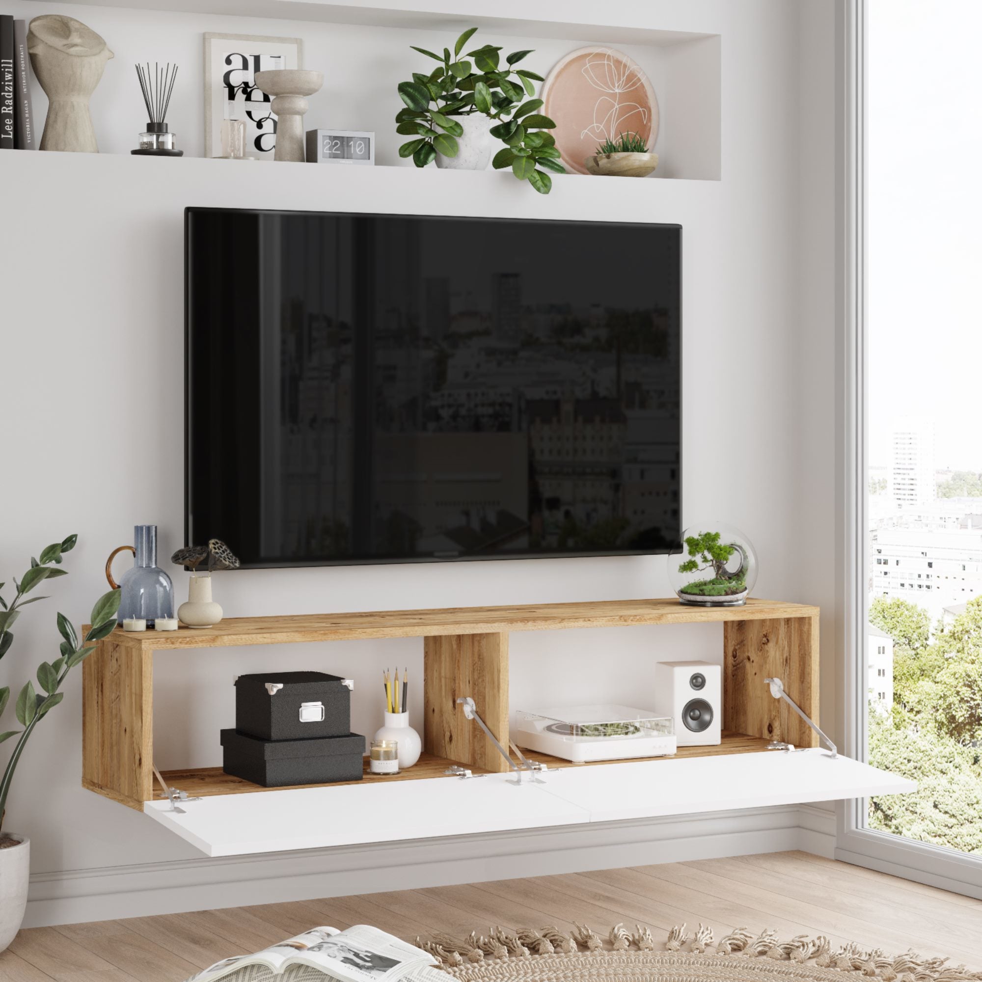 Meuble TV Lapinlahti à 2 portes 29,5 x 140 x 31,5 cm effet bois de pin / blanc [en.casa] - 5