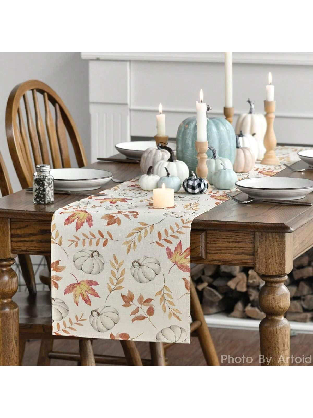 Artoid Mode Chemin De Table Avec Tournesols, Citrouilles, Feuilles D Nain De Buffle A Pois Thanksgiving Recolte Saisonniere Cuisine Salle A Manger Decoration De Table Pour Interieur Ou
