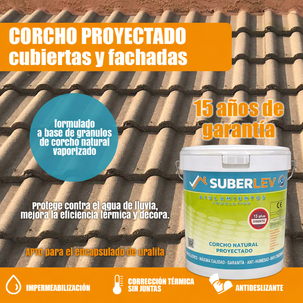 Corcho Proyectado Cubiertas y Fachadas SUBERLEV Aislamiento Natural Térmico Acústico e Impermeabilización 12Kg CP-06 (15 Años Garantía) - 2