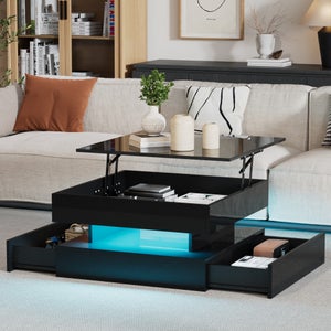 Table basse avec plateau relevable et LED, Rangement intégré, en noir laqué brillant