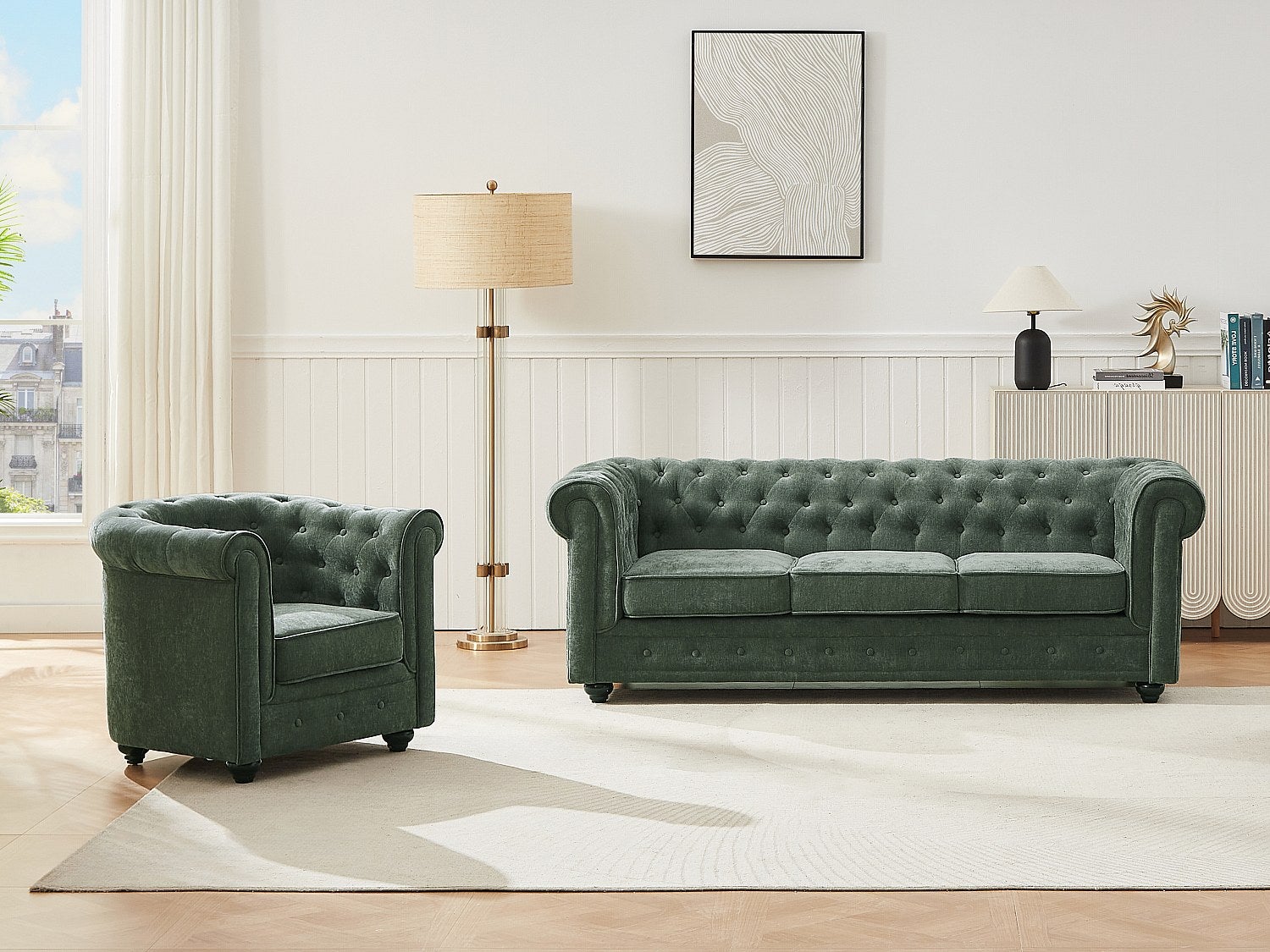 Kanapa 3-osobowa i fotel z zielonej tkaniny CHESTERFIELD