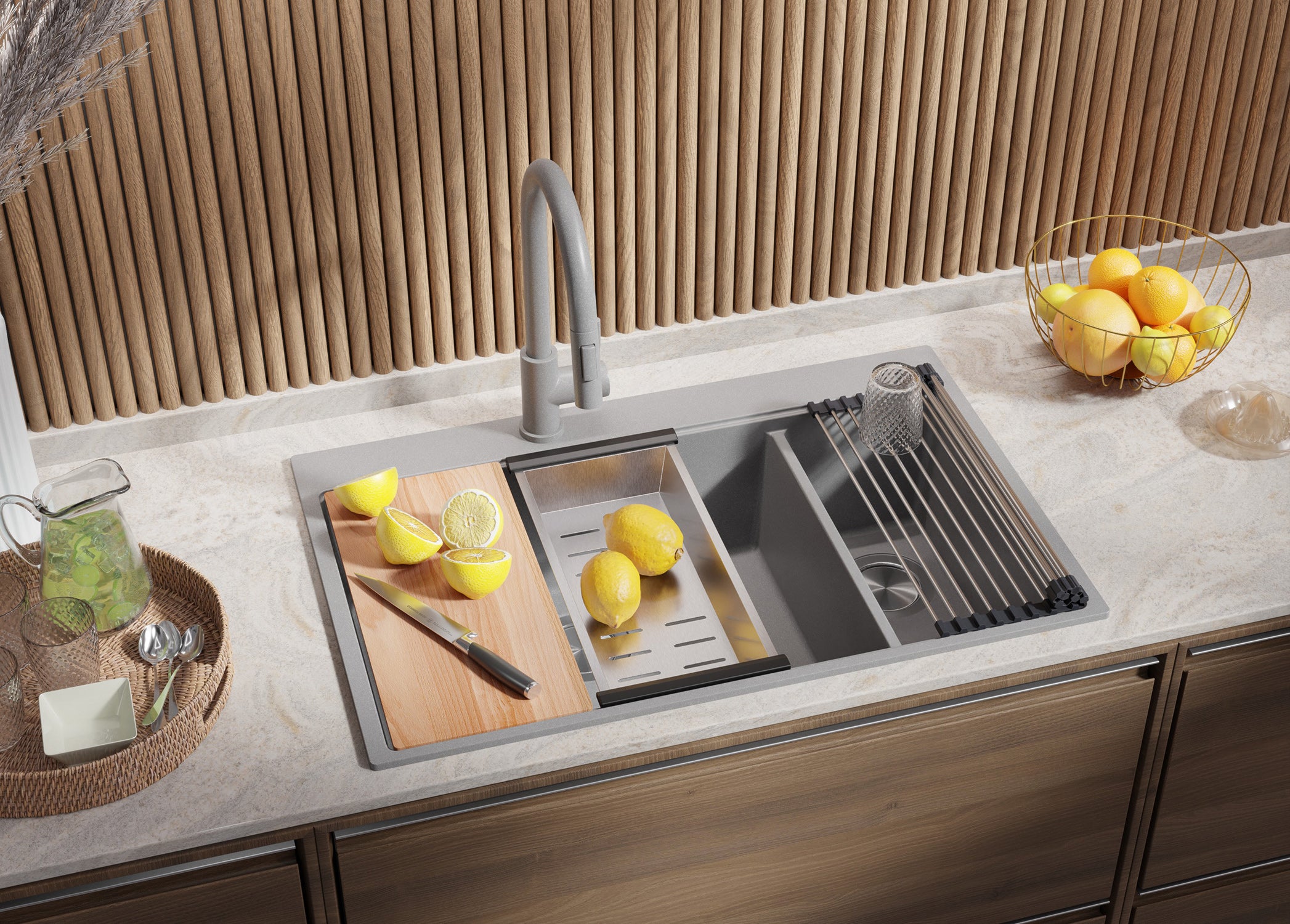 Zlewozmywak Szary 78x50cm, Zlew Kuchenny 2 Komorowy + Syfon + Deska, Nablatowy do szafki od 80cm - Oslo Duo PRIMAGRAN