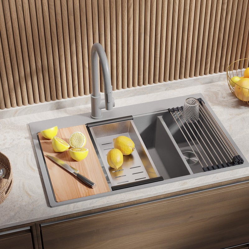 Zlewozmywak Szary 78x50cm, Zlew Kuchenny 2 Komorowy + Syfon + Deska, Nablatowy do szafki od 80cm - Oslo Duo PRIMAGRAN