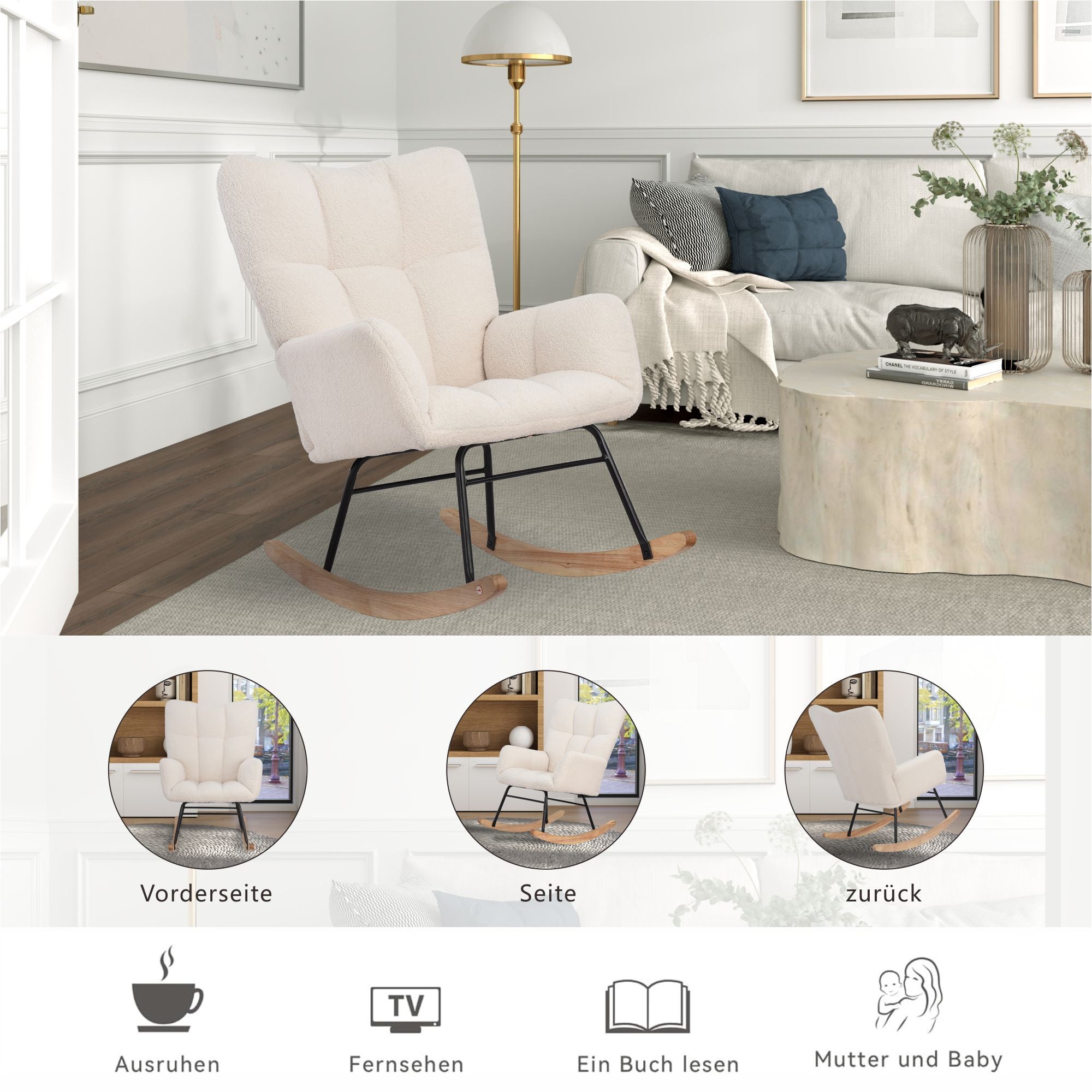 Fauteuil à bascule moderne en velours Teddy - Fauteuil à bascule avec accoudoirs, Blanc - 7