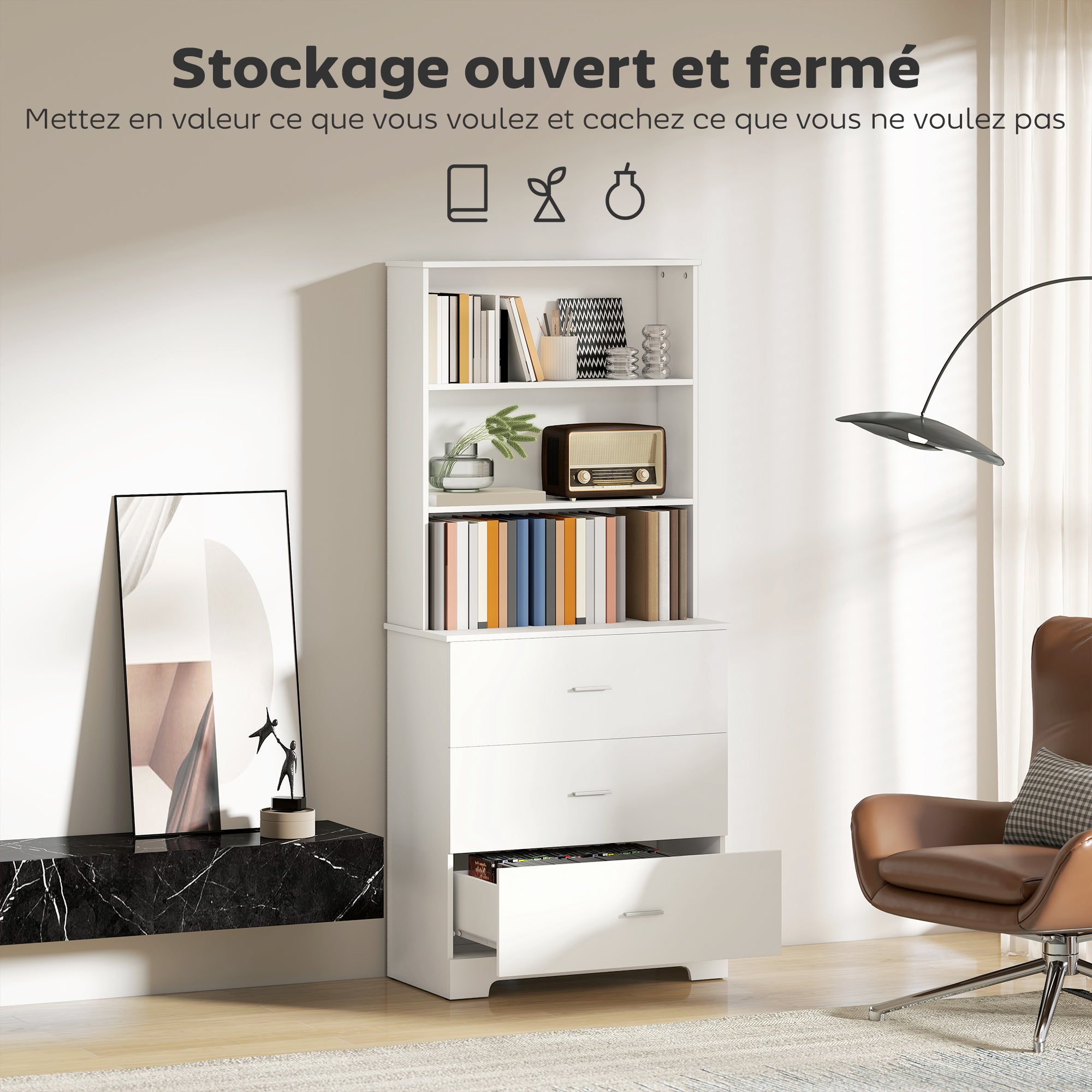 Bibliothèque à 6 niveaux. meuble de rangement avec 3 tiroirs et 3 étagères ouvertes. 79 x 39.5 x 182.2 cm. blanc - 6