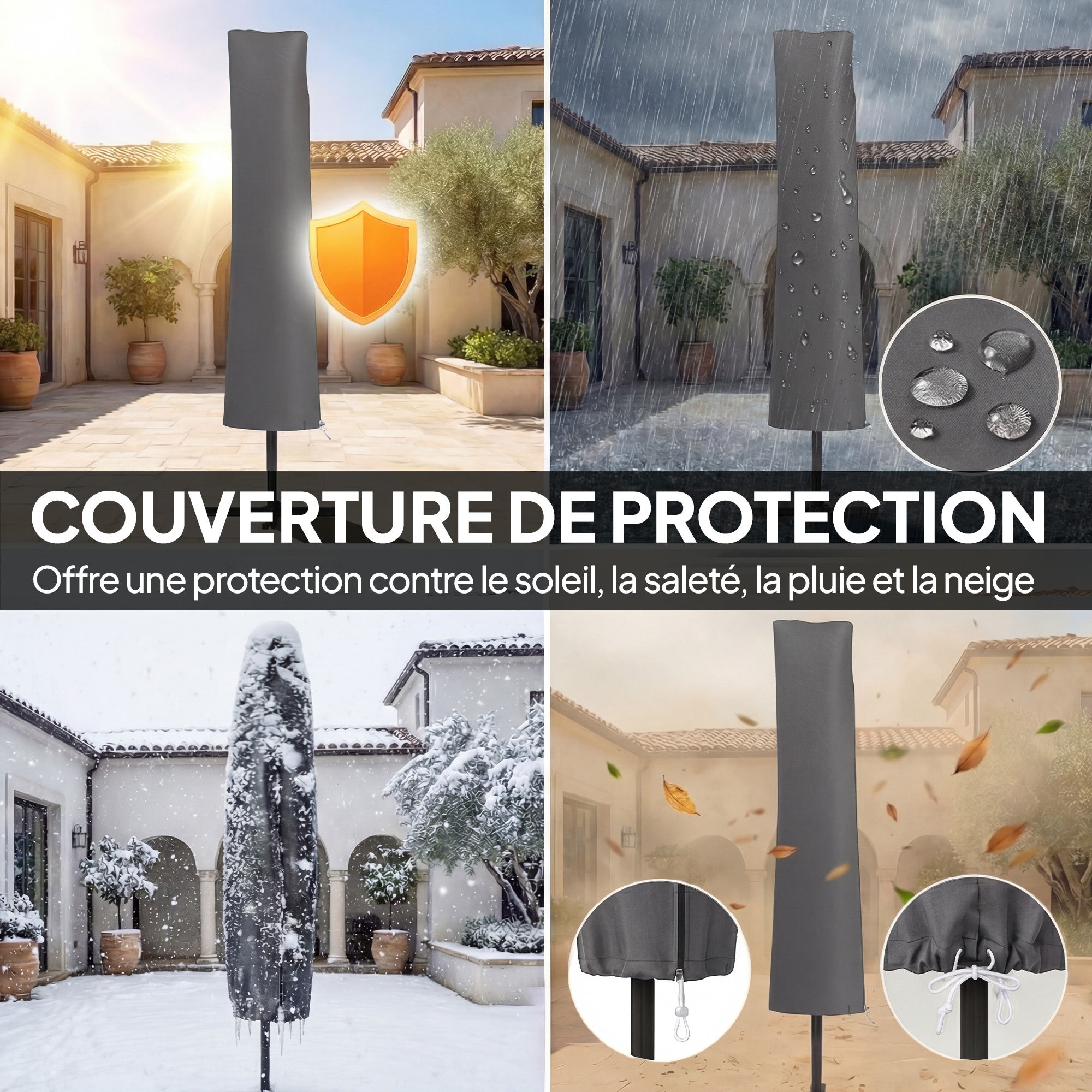 Parasol Déporté Parasol de Jardin Extérieur Double Cordes de Fixation et Housse de Protection Manivelle Gris Foncé - 7