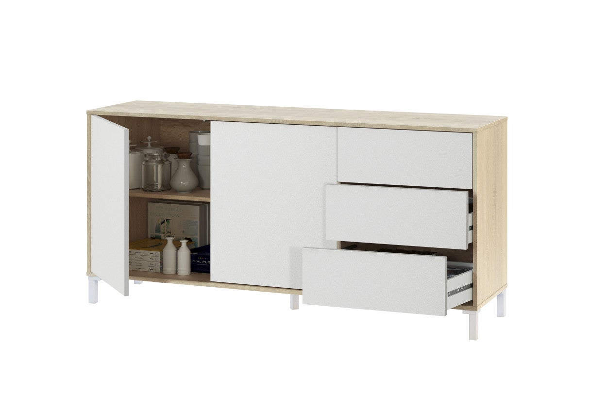Buffet AMAYA 2 portes et 3 tiroirs L154cm - Blanc / Bois - 6