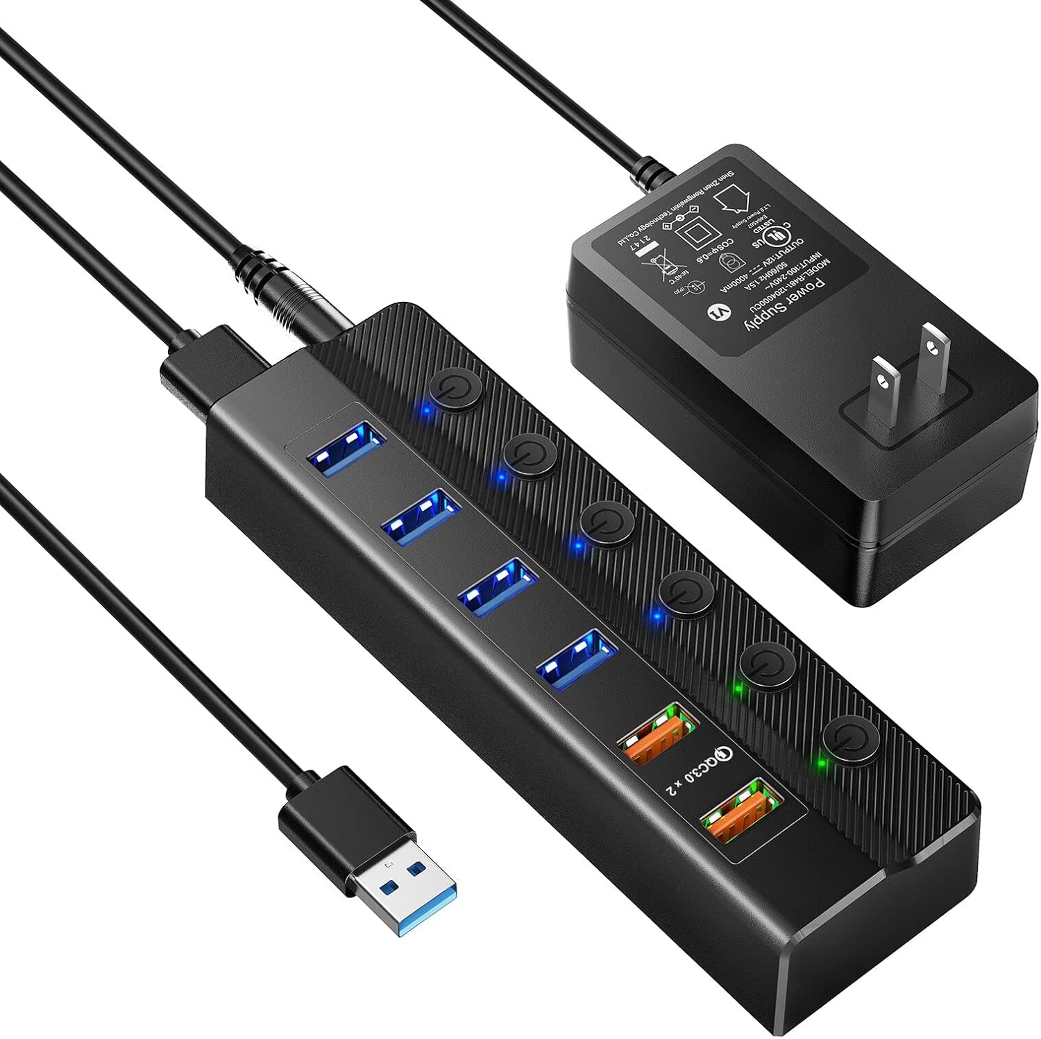 Zasilany koncentrator USB 3.0, koncentrator USB z 6 portami (4 porty danych USB 3.0 i 2 porty ładowania QC 3.0) z indywidualnymi przełącznikami włącz
