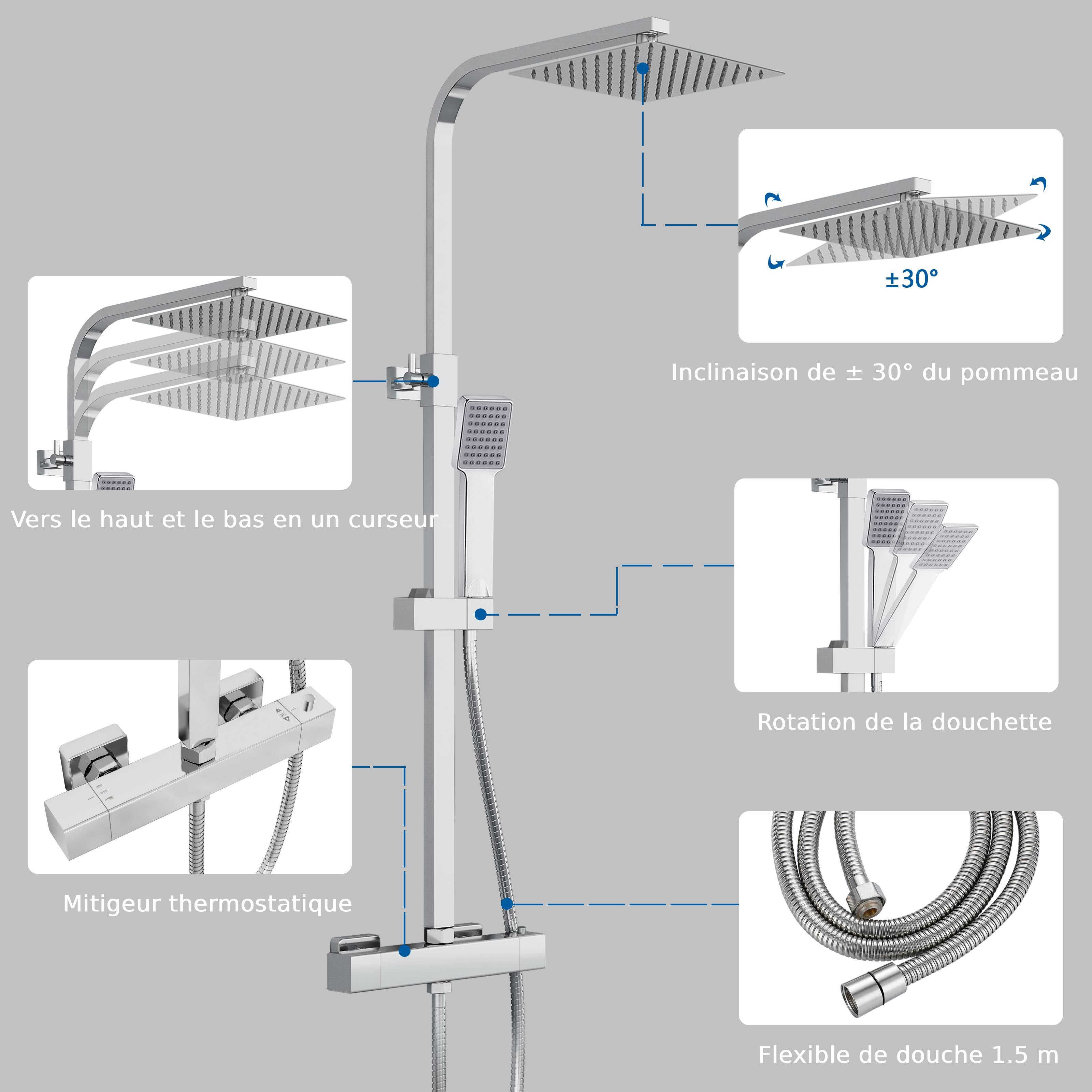Colonne de douche thermostatique salle de bain kit carré chromé AICA - 7