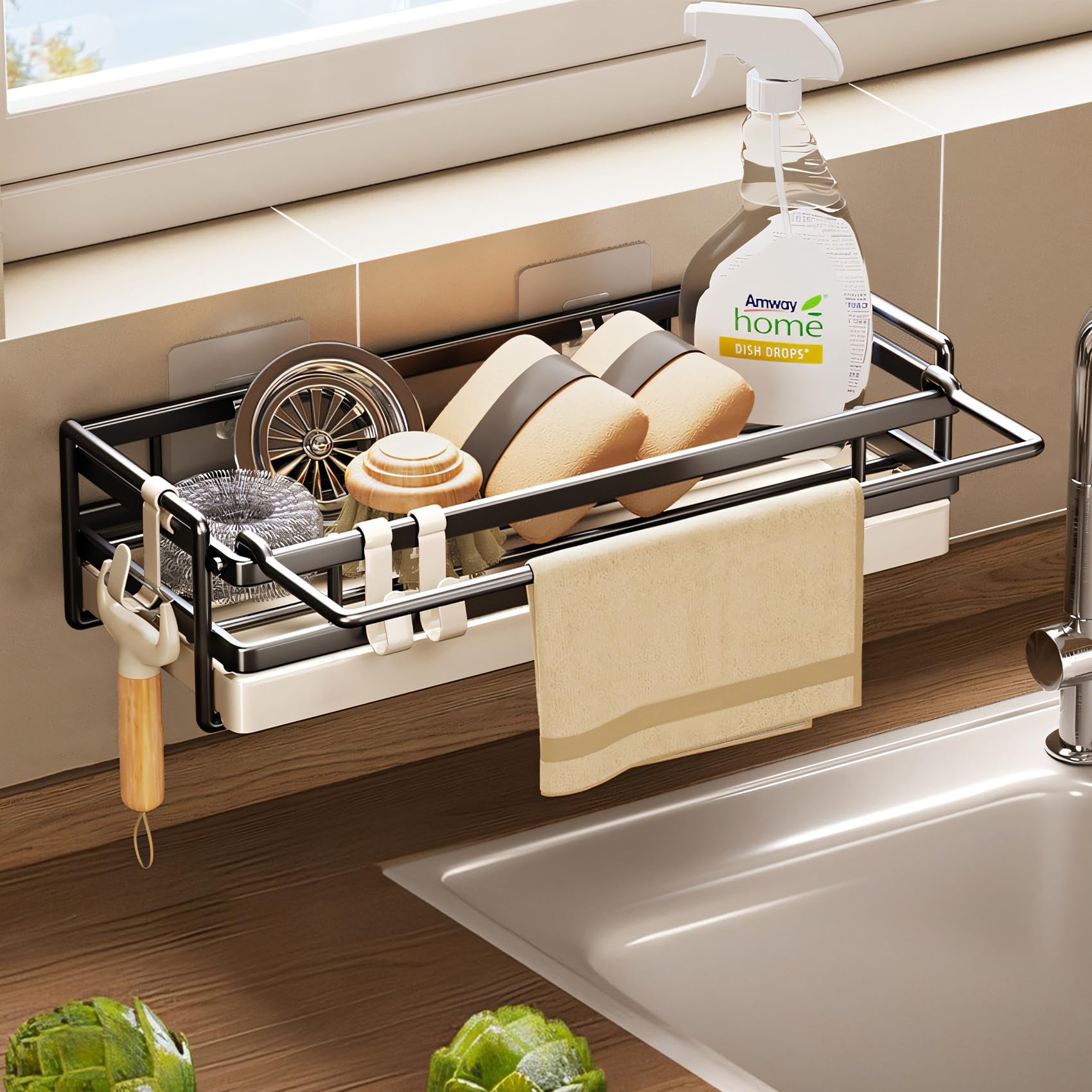 Étagère Murale évier AXROAD MALL - Sans Perçage, Avec égouttoir Amovible - Range éponges, Produits Vaisselle