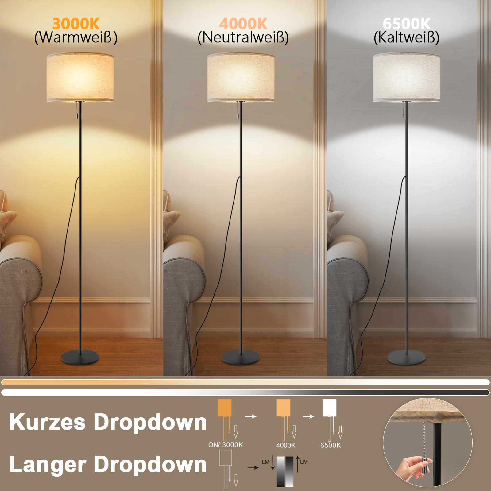 NETTLIFE Lampadaire LED à Intensité Variable Rétro Abat-jour En Tissu Pour Salon Avec Interrupteur à Tirette - 3