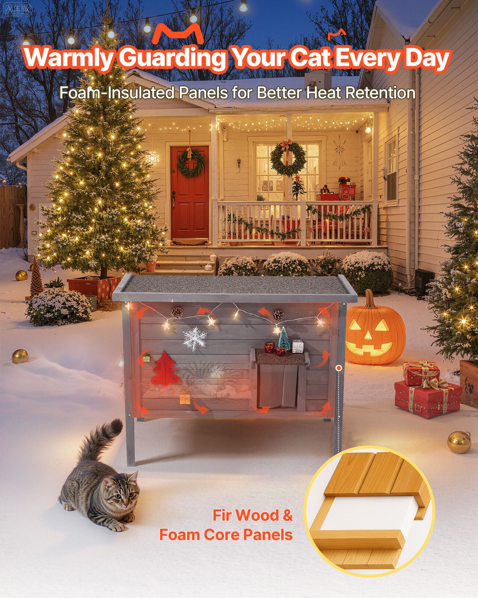 Casa para gatos aquecida VEVOR, madeira+PVC, 87×53,5×69 cm, almofada térmica, teto asfáltico abrível, 1–3 gatos exterior, inverno - 3