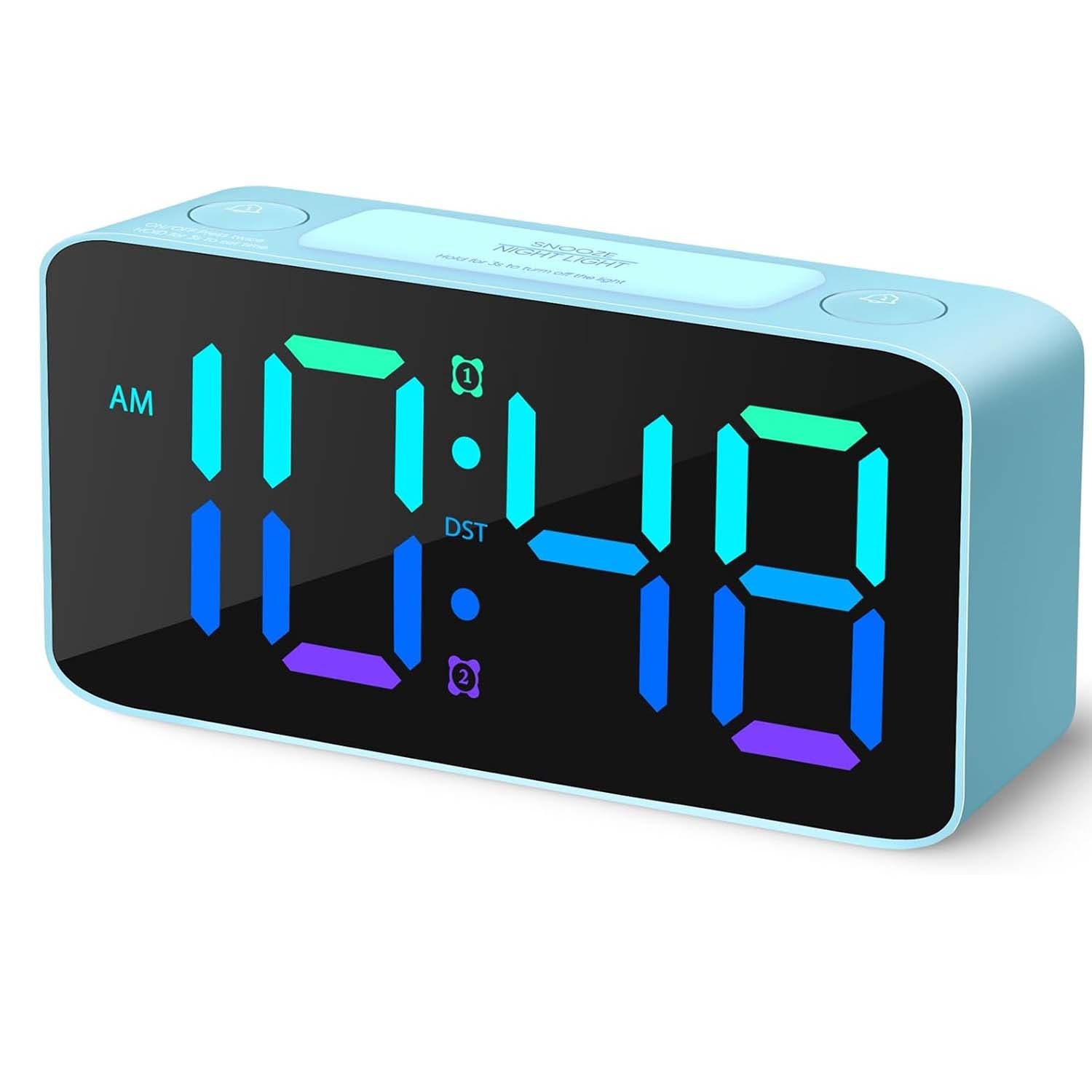 2x Budzik super głośny dla dorosłych, cyfrowy, 7 kolorów RGB, regulacja głośności, USB, mały budzik OK to Wake – niebieski + RGB