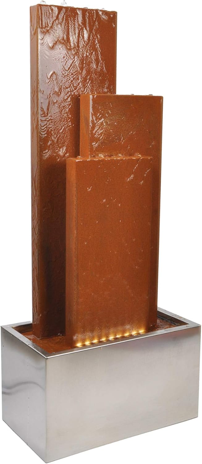 Köhko® Fontanna Chile Wysokość 104cm z LED i 3 ścianami wodnym wykonanymi ze stali Corten i stali nierdzewnej. Fontanna ogrodowa i wewnętrzna 32002