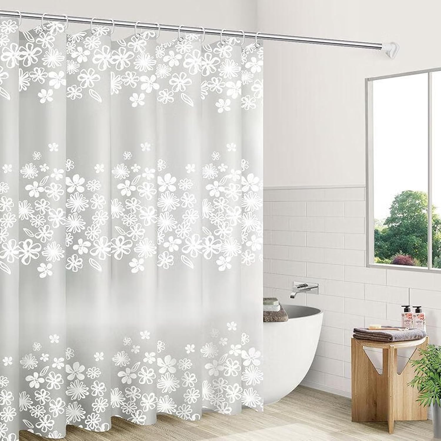 Zasłona prysznicowa 180x200 cm z kwiatowym wzorem, wodoodporna PEVA, z 12 kółkami