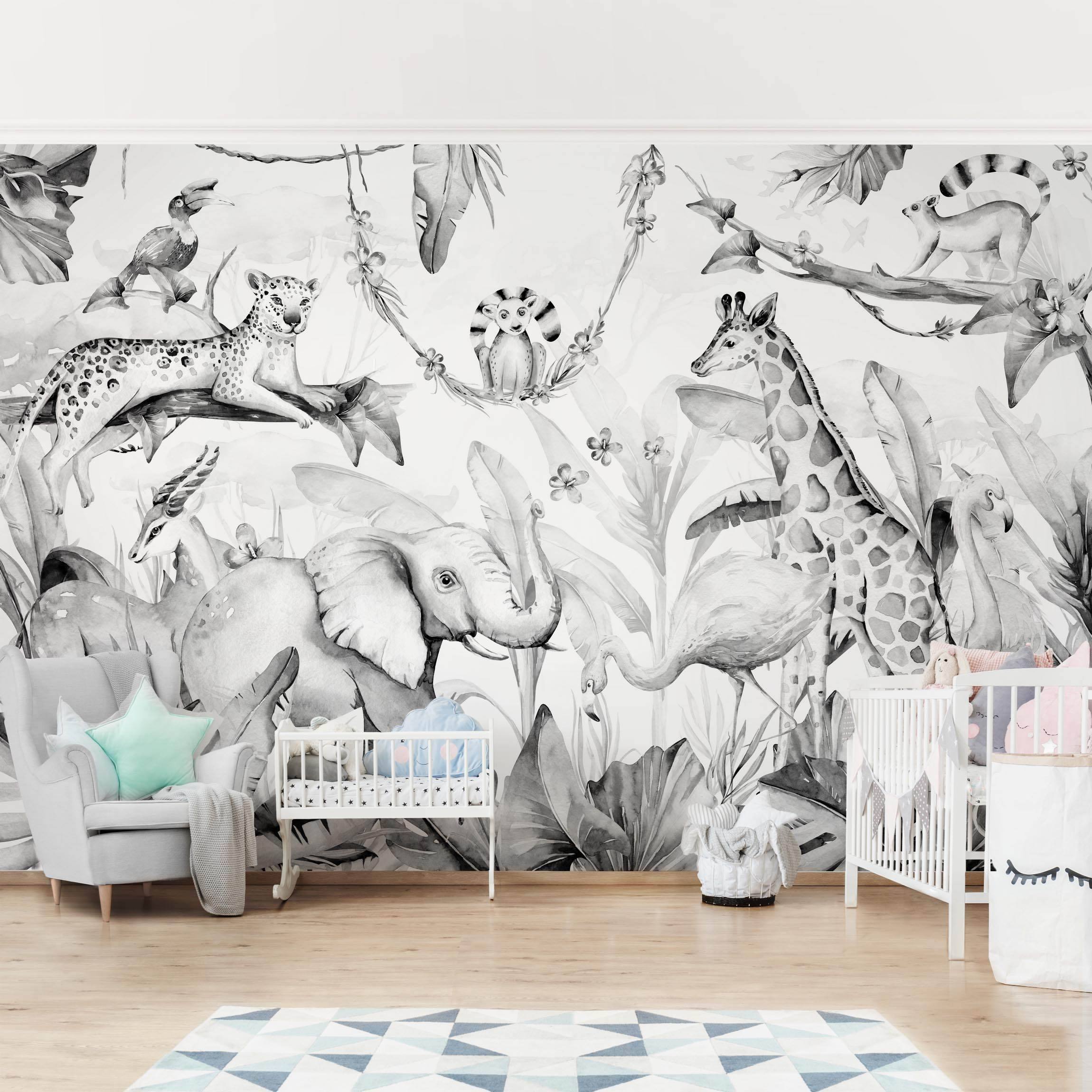 Papel pintado fotomural acuarela bosque áfrica arte naturaleza 353 - habitación infantil niño habitación niña - tnt 336 x 225 cm adhesivo