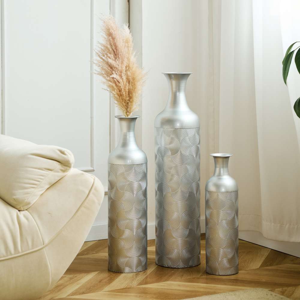 Vase Métallique Argenté - Ensemble de 3 Vases de Sol 83/65/50cm pour Fleurs Séchées et Pampas, Élégance et Style pour Salon et Chambre - 4