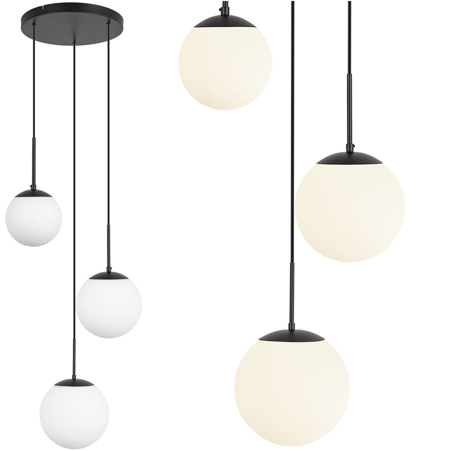 Lampa sufitowa wisząca E27 ozdobna Biały klosz Szklane kule z regulowanym przewodem 3 ROZMIARY Czarny metal - LEDHOFF