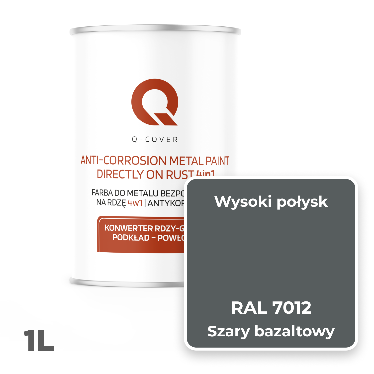 Farba do Metalu Prosto na Rdzę 4w1 Q-Cover Szary bazaltowy RAL7012 Wysoki Połysk 1L - 2