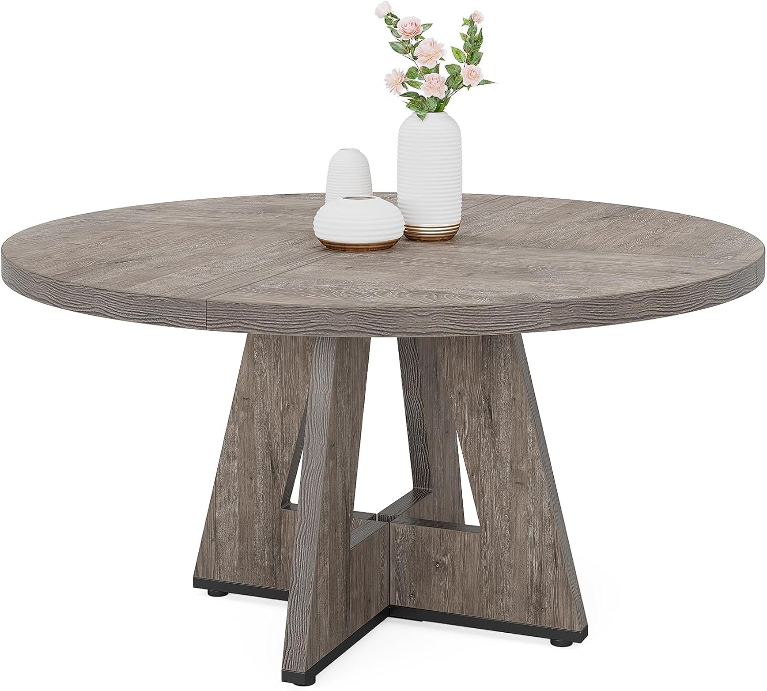 Tribesigns  Mesa De Comedor Redonda De Madera 120*120*75Cm Para 4 Personas, Rústica Con Tablero Y Patas De Madera, Gris , Leroy Merlin