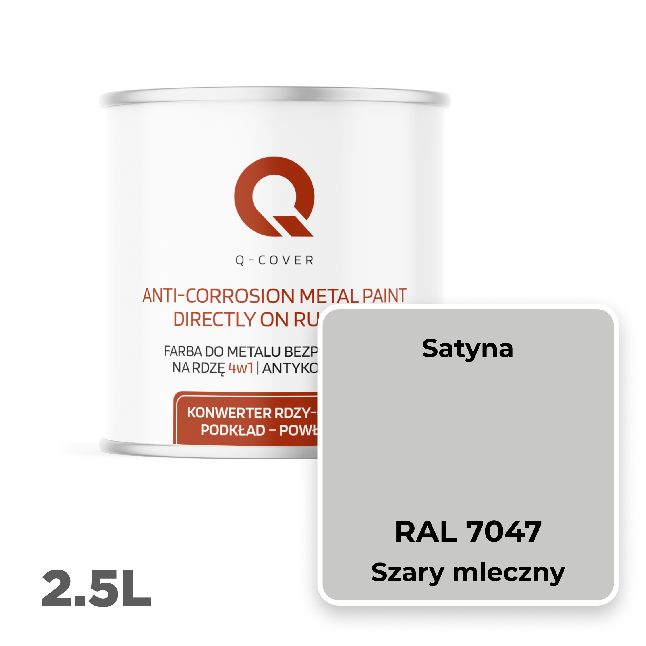 Farba do Metalu Prosto na Rdzę 4w1 Q-Cover Szary mleczny RAL7047 Satyna 2.5L - 2