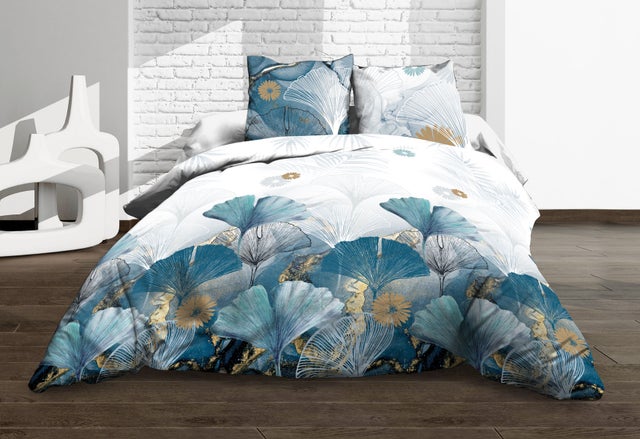Housse de couette 220x240 + 2 taies - Pur coton 57 fils - Ginko bleu