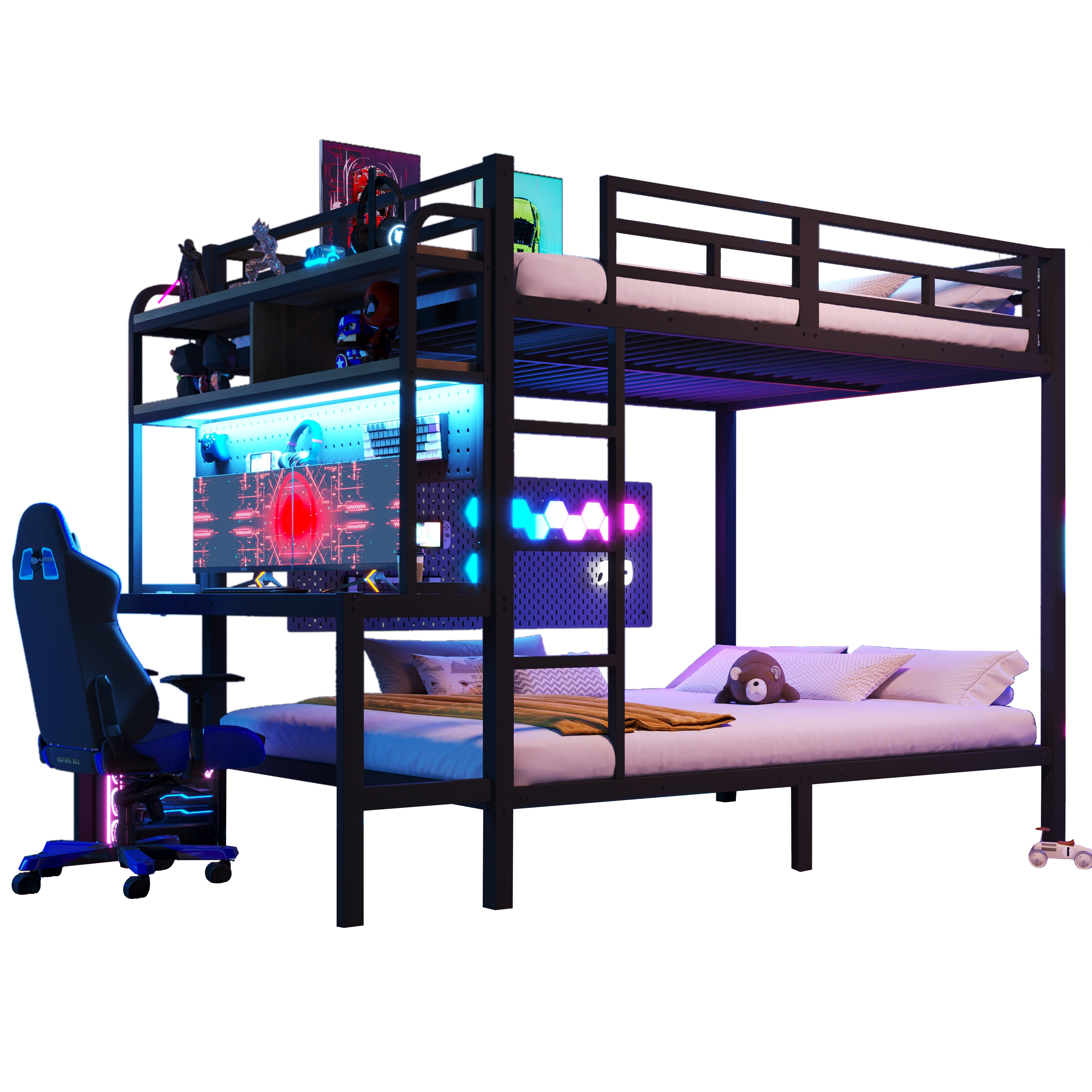 Łóżko piętrowe 2 x 140 x 200 cm z biurkiem, oświetleniem LED i portem USB - MDF + rama żelazna - czarne (materac nie jest wliczony w cenę) - 7