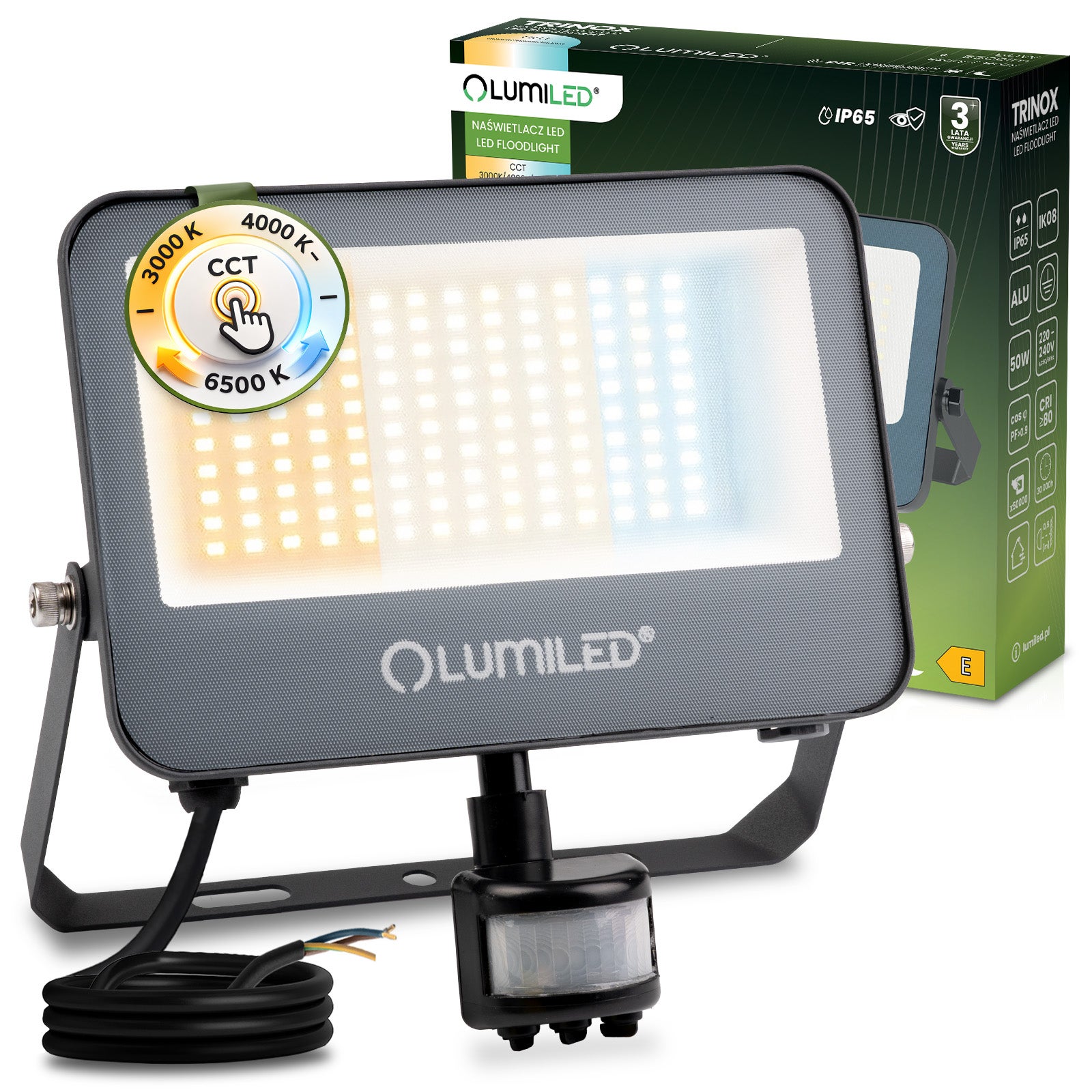 Naświetlacz LED Lumiled TRINOX 50W 5500lm CCT IP65 Szary Czujnik Ruchu i Zmierzchu 1 szt.