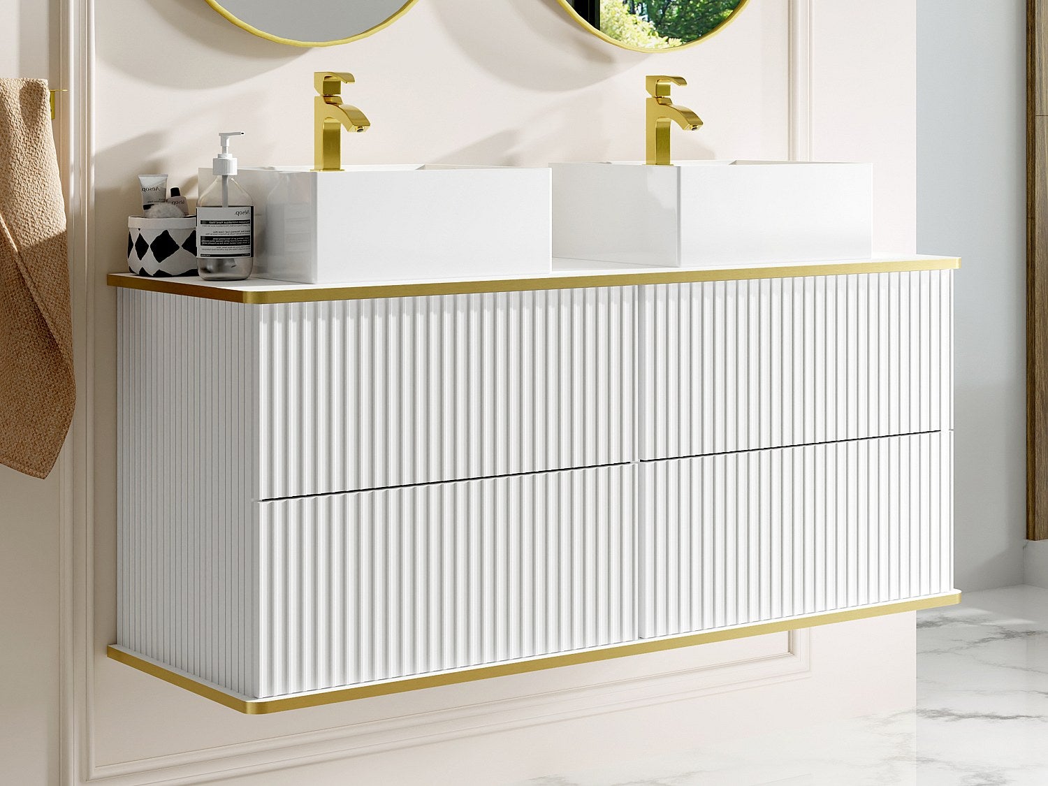 Szafka łazienkowa wisząca w paski ze złotą okleiną i podwójną umywalką nablatową – biała – 120 cm – KELIZA