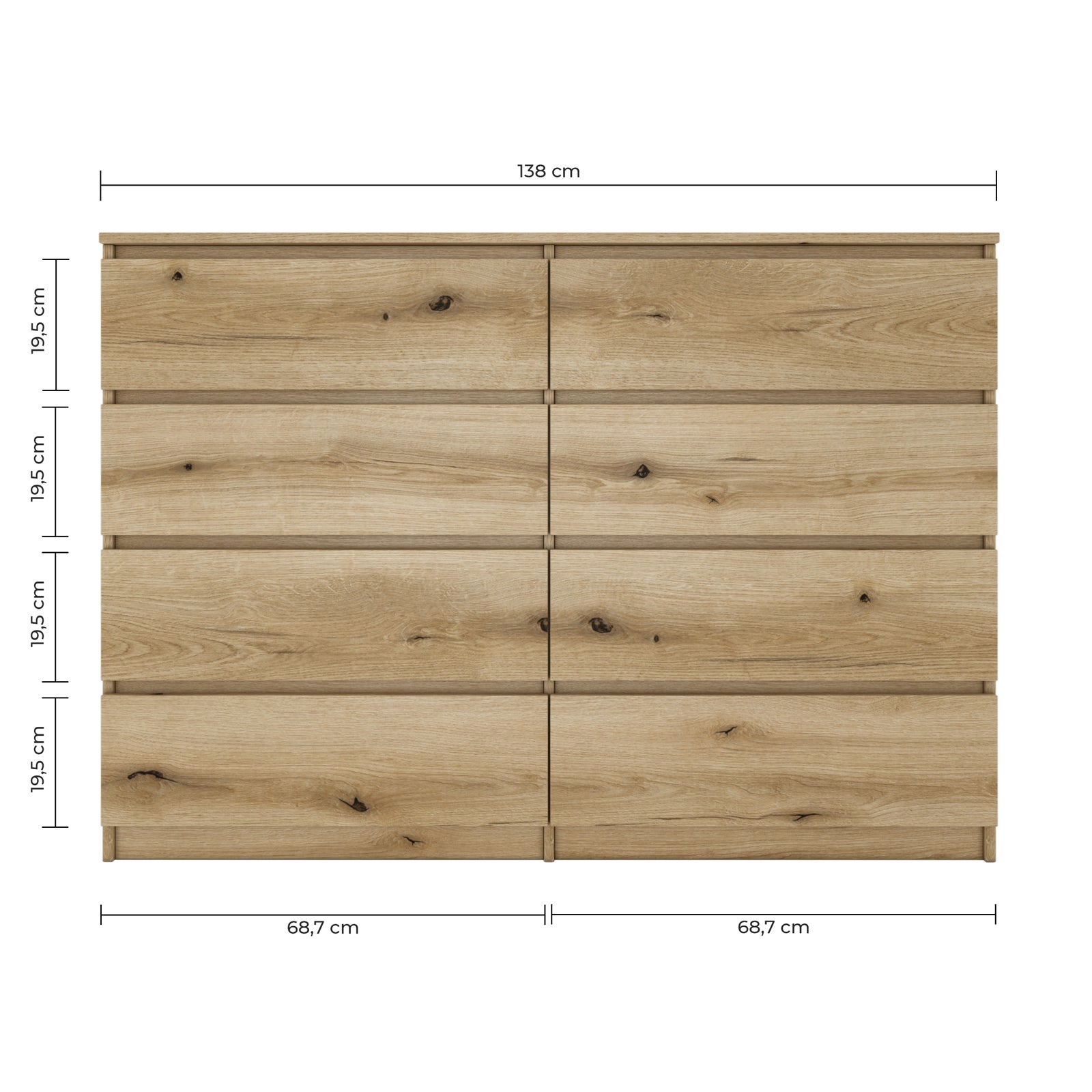 MILAN - Commode large 8 tiroirs chambre salon - 97x138x40 - Design minimaliste - Meuble de rangement - Aspect bois - Chêne - 5