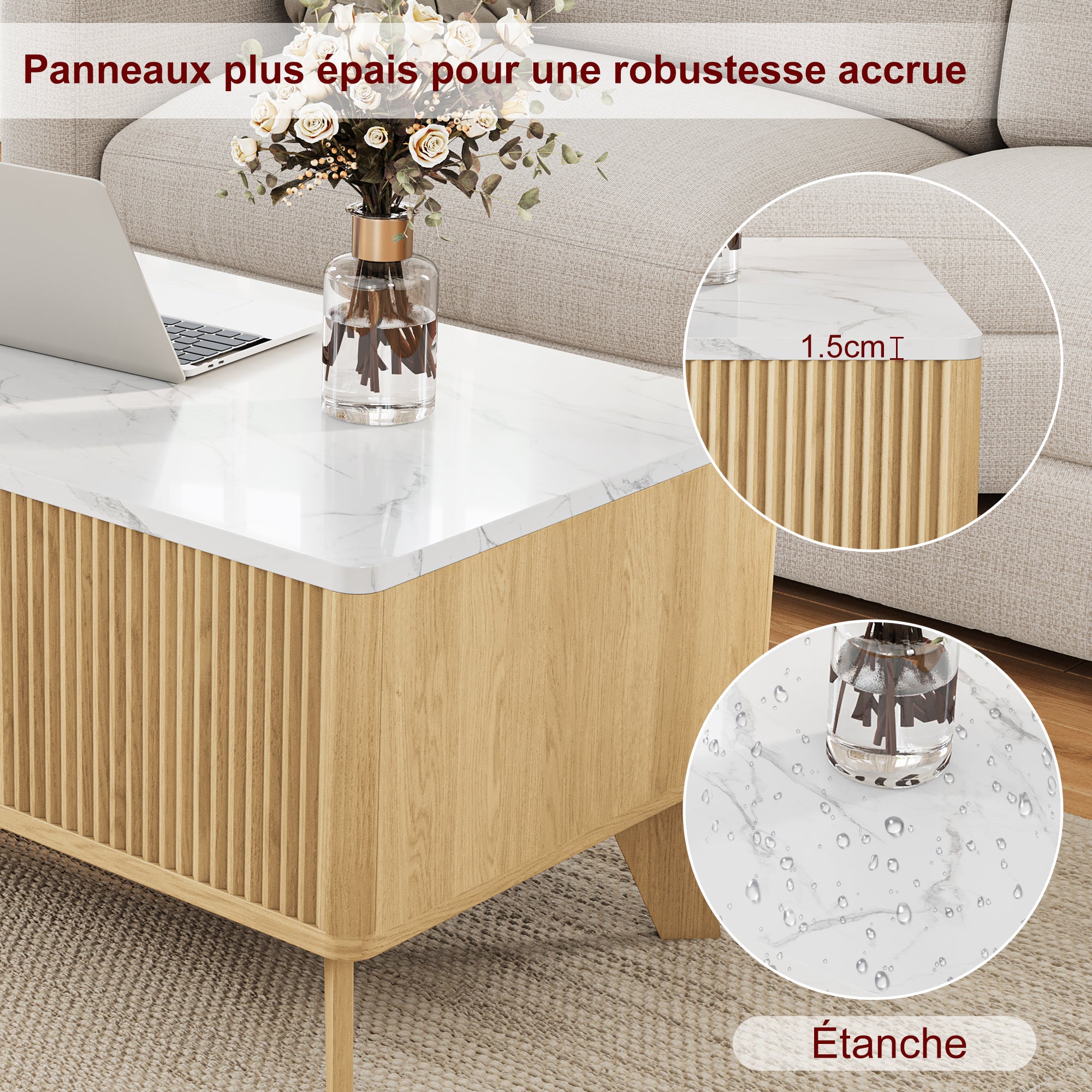Table Basse Relevable 105x53x42cm, Style Scandinave, Table de Salon avec Comptoir Imitation Marbre et Pieds en Bois Massif, Naturel - 7