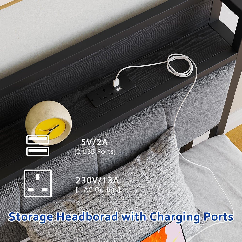 Łóżko dla dorosłych z inteligentnym oświetleniem LED i portami USB, metalowa konstrukcja, czarne - 90 x 200 cm - 9