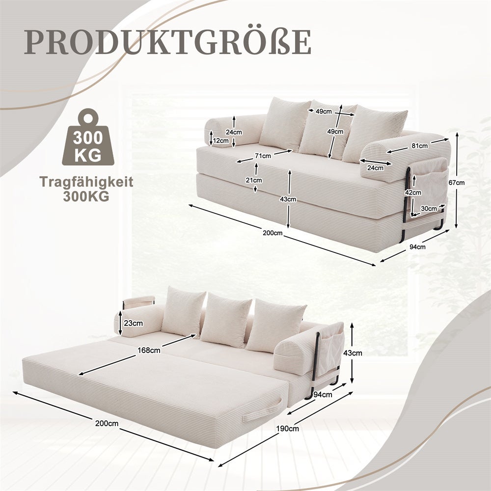 DRIPEX Canapé compressé 4-en-1 Pliable,Canapé modulable 3 places avec structure métallique,poches latérales et 3 coussins,Beige - 3