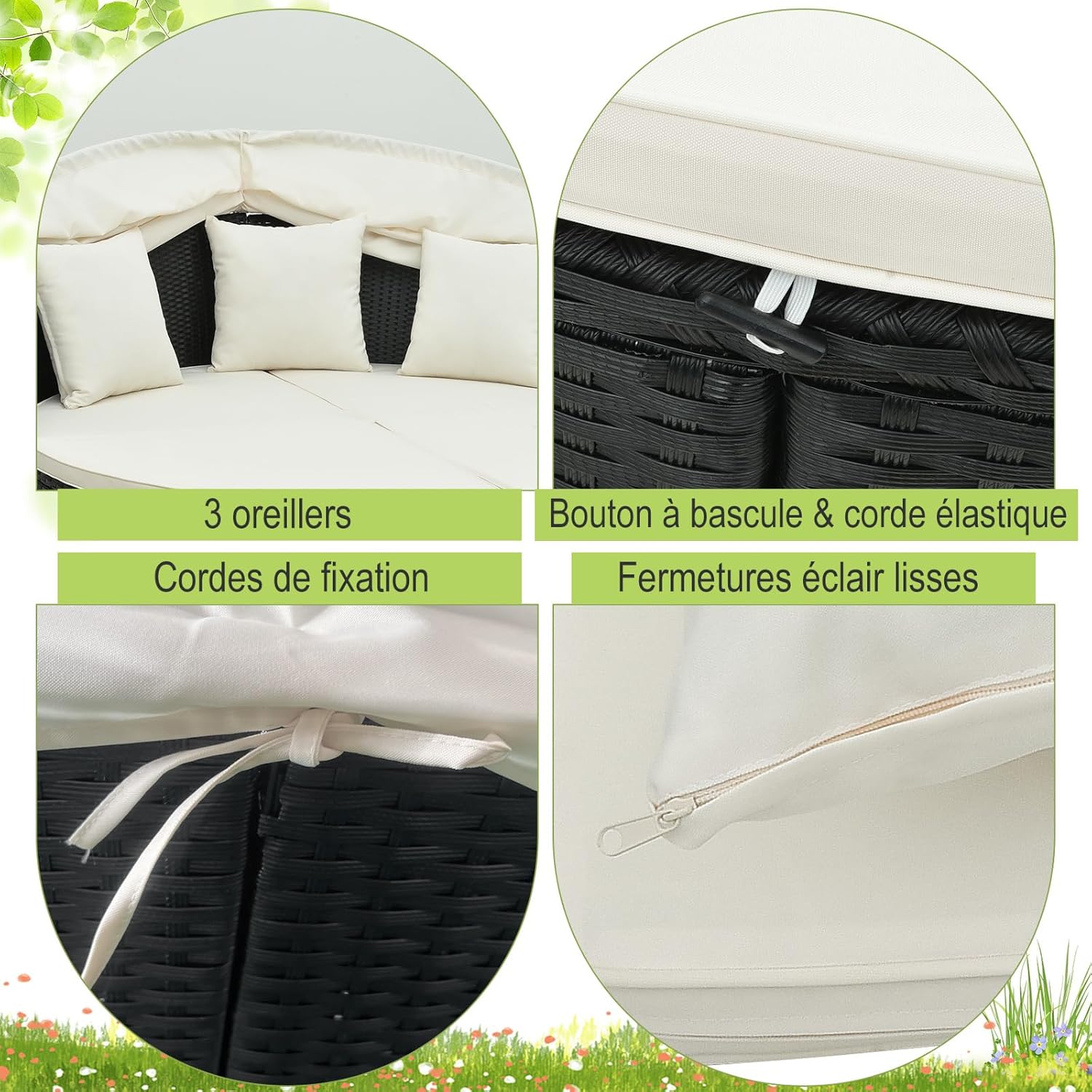 GIANTEX Lit de Jardin Rond en Rotin PE avec Auvent Rétractable, avec Coussins et Oreillers Amovibles Charge 360KG,pour Jardin Porche,Blanc - 4