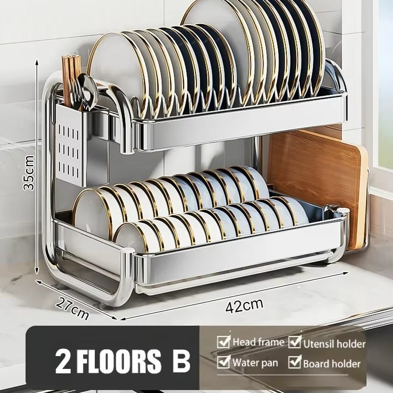Escurridor de platos de cocina de dos capas, multifunción, de acero inoxidable, ahorra espacio y almacena tablas de cortar. - 8