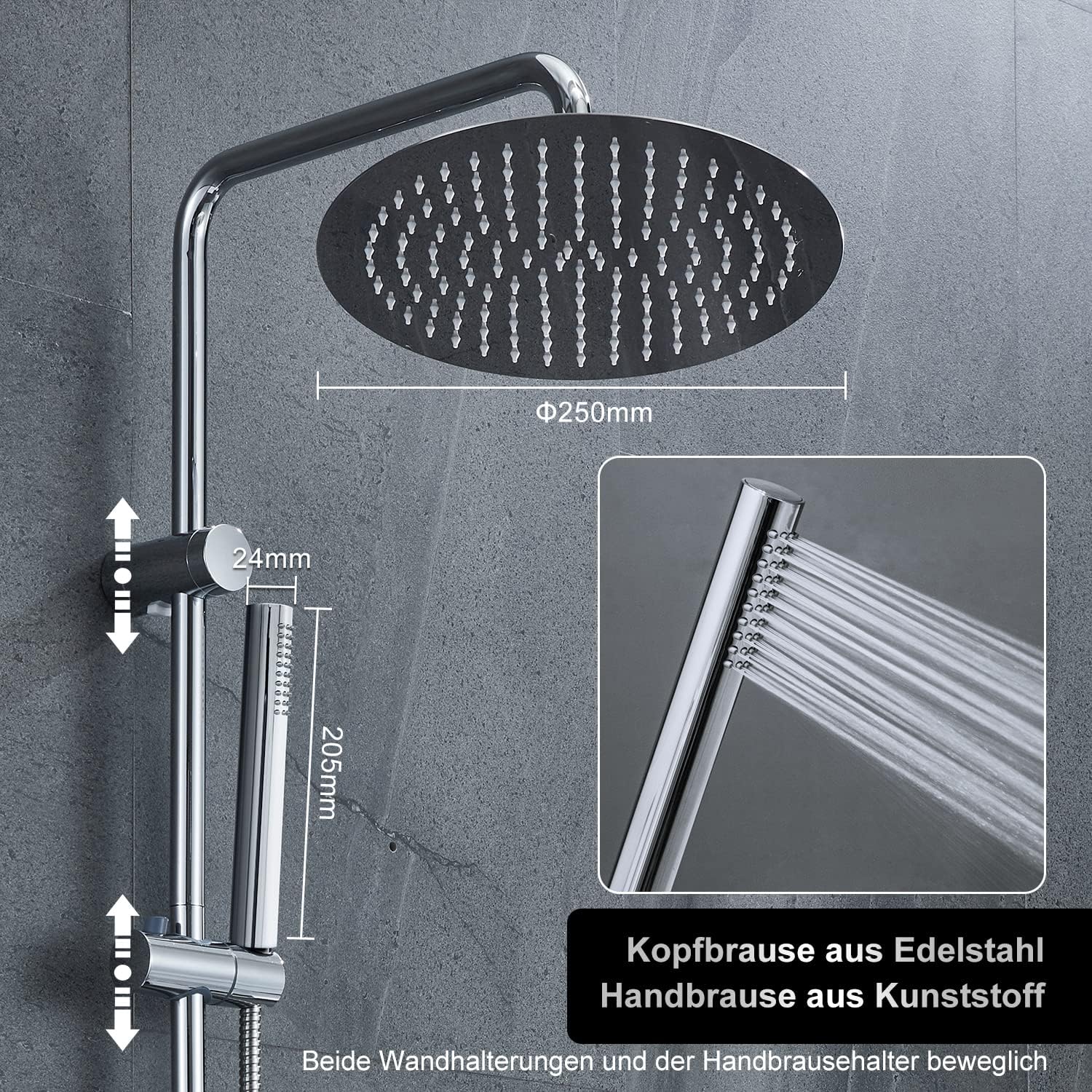 AURALUM MAX Sistema doccia in acciaio inox a 2 funzioni con doccetta, soffione quadrato, mensola