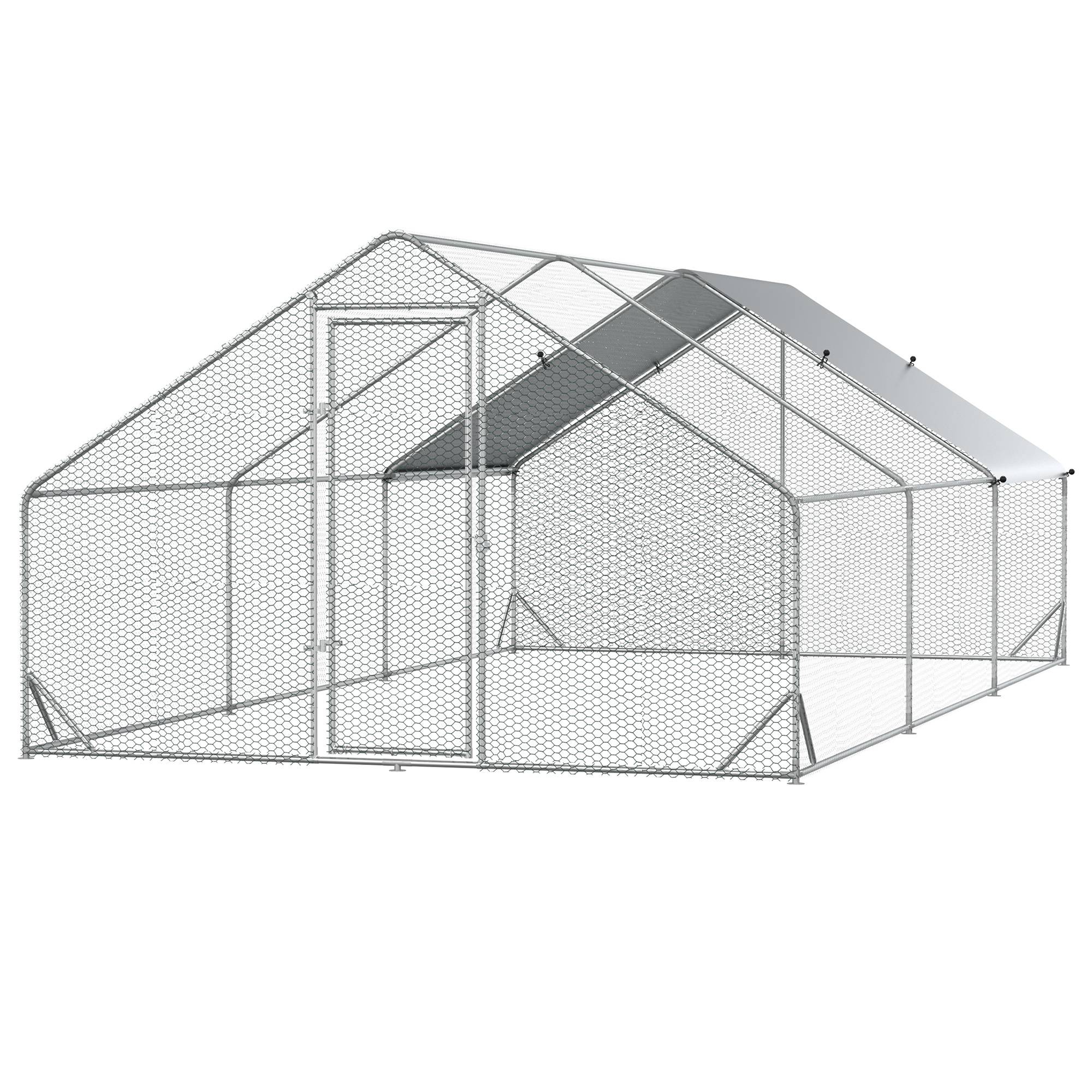 PawHut Țarc Exterior pentru Găini, Rațe și Iepuri, Cadru Zincat, Plasă Hexagonală, Acoperiș Impermeabil, 3x6x2m | Aosom Romania