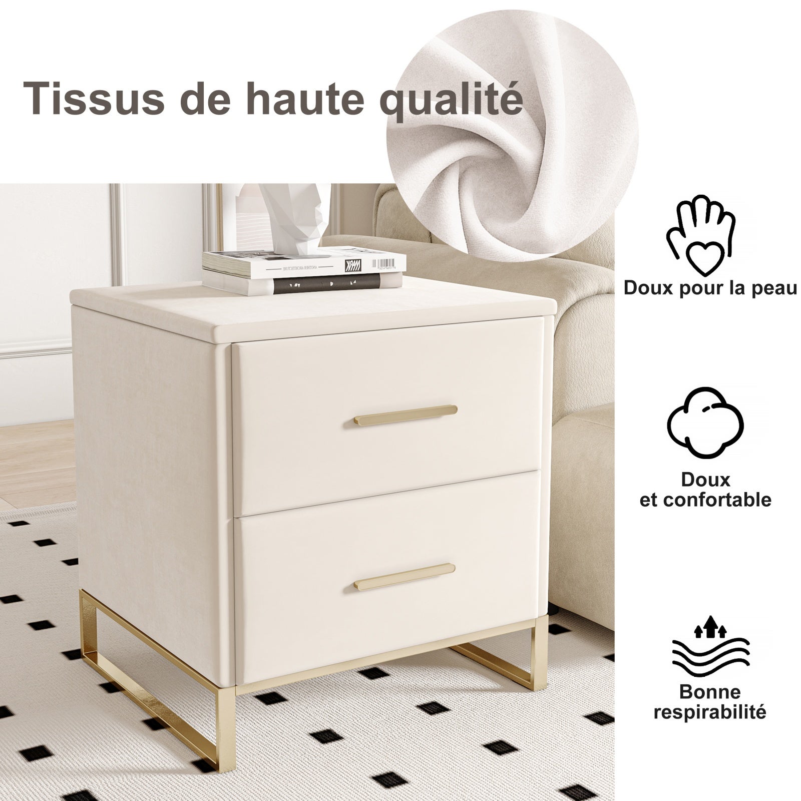Lot de 2 Tables de chevet,Velours Beige, avec 2 Tiroirs et Poignées Dorées, Base Métallique Dorée, Design Minimaliste et Élégant, idéal pour Chambre - 6