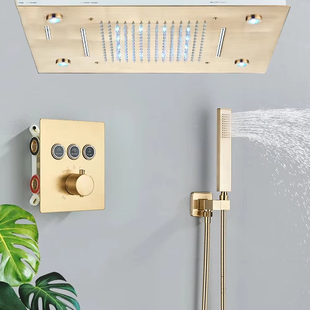 Sistema de ducha termostática, conjunto de ducha tipo lluvia led, grifo de ducha de latón con ducha de mano, color dorado.