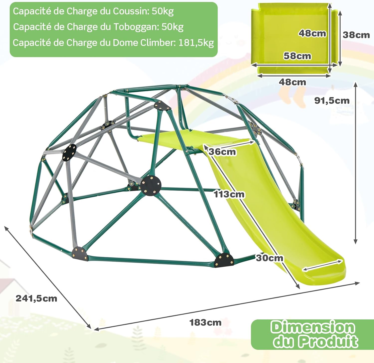 Ensemble 2 en 1 de Dôme d'escalade et Toboggan, Échelle à Grimper Géométrique en Métal Stable avec Charge 150KG, Aire de Jeux (Vert+Gris) - 2