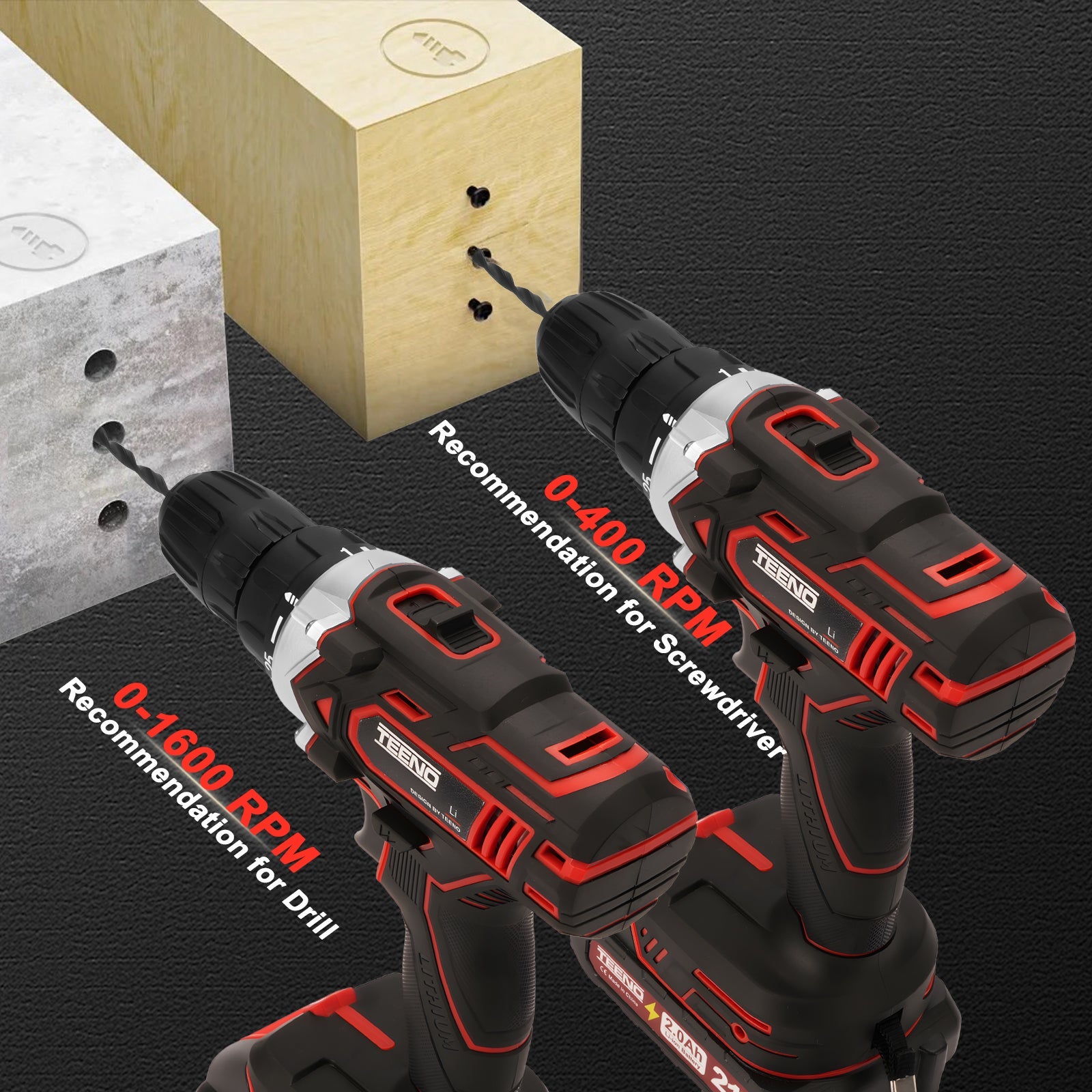 TEENO Perceuse Visseuse Sans Fil 21V Pour Batterie Makita 2x2.0Ah Batteries,45 Nm Visseuse Devisseuse Sans Fil,25+1 Réglages de Couple,2 Vitesses,46 - 6