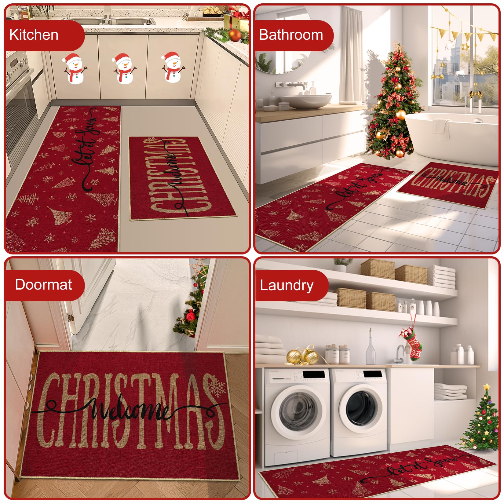 Set di 2 tappetini da cucina natalizi, tappeto con fiocchi di neve per albero di Natale, zerbino natalizio antiscivolo e lavabile, 50*80 cm+50*150 cm - 6