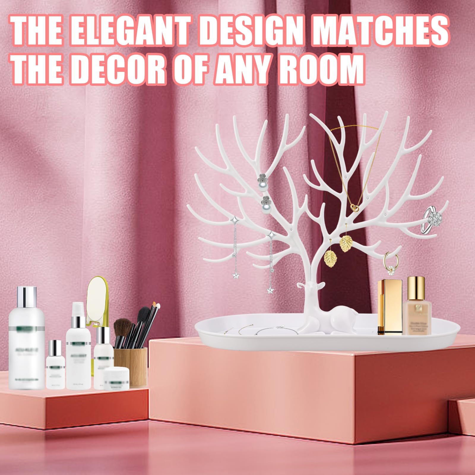 Arbre à bijoux en bois de cerf 2 en 1, support boucle d'oreille plastique, porte bijoux femme, présentoir collier pour colliers et bracelets - 7