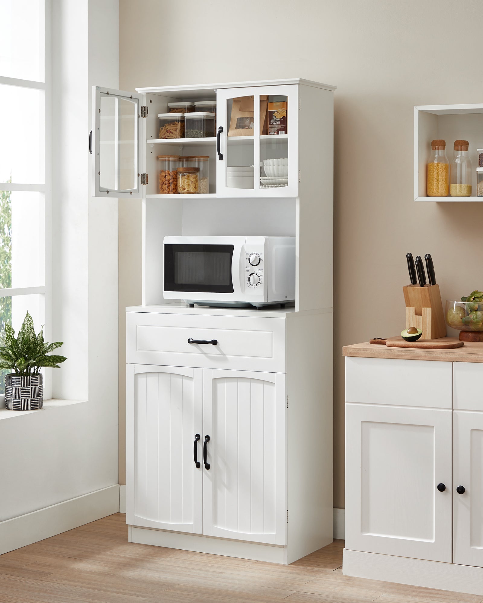 Armario Alto, Armario de Cocina con Puertas de Cristal y Estantes Ajustables, Cajón, Orificio para Cables, para Microondas, Estilo Moderno, Blanco - 2