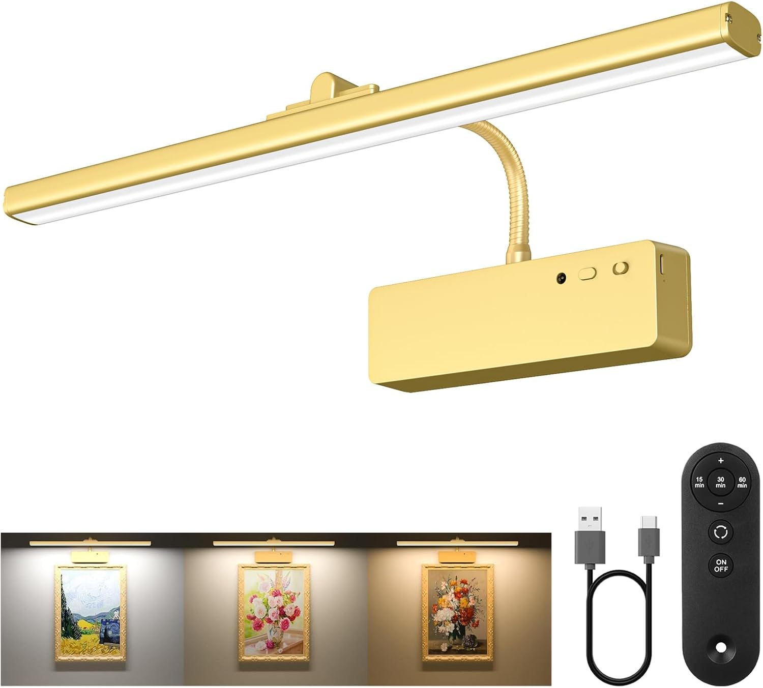 Akumulatorowa lampa do obrazów (39 cm) z baterią 5400 mAh i pilotem; oświetlenie artystyczne z 3 temperaturami barw i intensywnością
