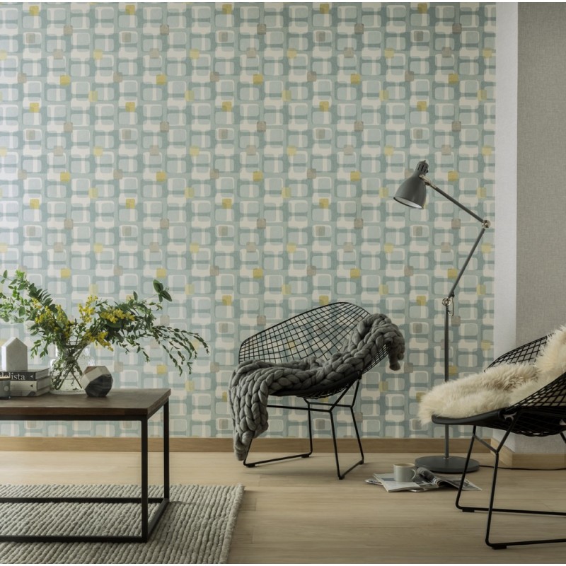Papel pintado pared bloque geométrico de estilo retro - retro block azul y amarillo arthouse - rollo de 10 m x 0,53 m